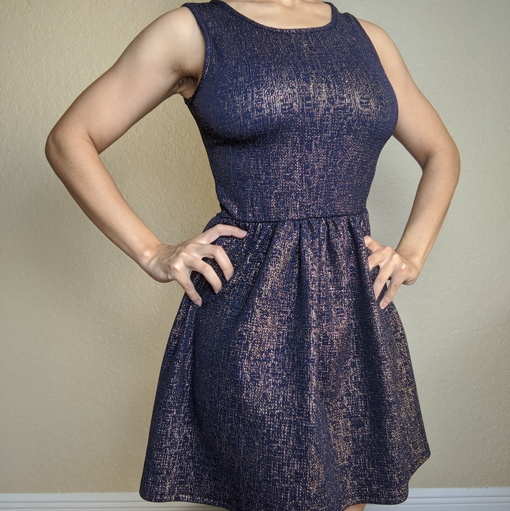 Simple Navy Blue & Copper Party Dress w/ Keyhole